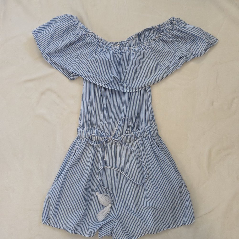 Blue and white strip off shoulder romper - Medium